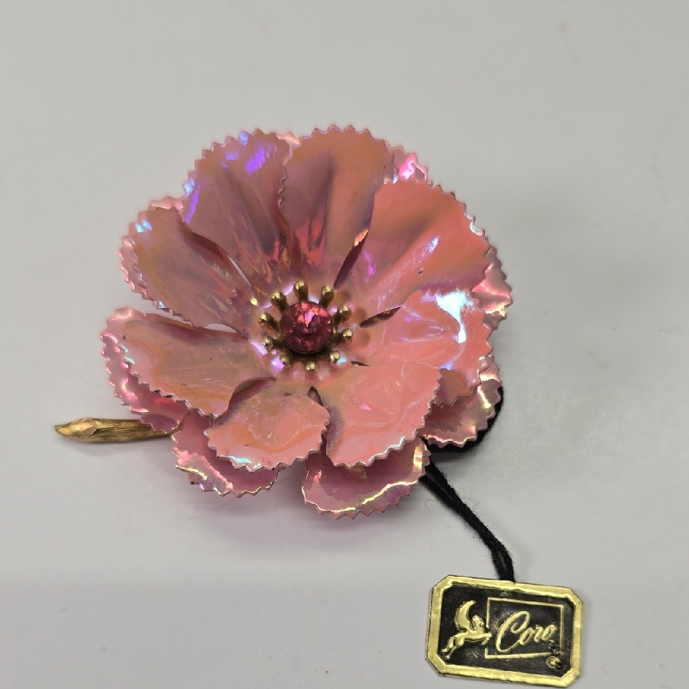Coro Iridescent Pink Flower Brooch with Gold Accents